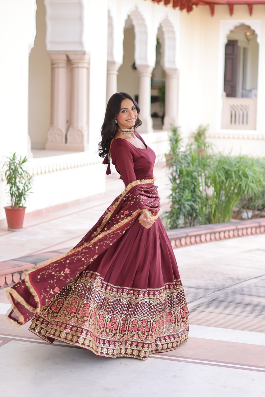 Maroon Elegant Vichitra Silk Sequins & Thread Embroidered Lehenga Set with Designer Lace Dupatta – Stitched 3-Meter Flair Lehenga & Unstitched Blouse