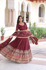 Maroon Elegant Vichitra Silk Sequins & Thread Embroidered Lehenga Set with Designer Lace Dupatta – Stitched 3-Meter Flair Lehenga & Unstitched Blouse