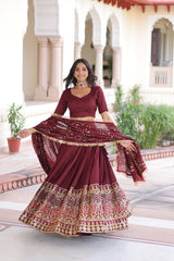 Maroon Elegant Vichitra Silk Sequins & Thread Embroidered Lehenga Set with Designer Lace Dupatta – Stitched 3-Meter Flair Lehenga & Unstitched Blouse