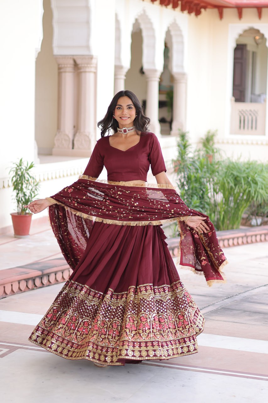 Maroon Elegant Vichitra Silk Sequins & Thread Embroidered Lehenga Set with Designer Lace Dupatta – Stitched 3-Meter Flair Lehenga & Unstitched Blouse
