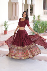 Maroon Elegant Vichitra Silk Sequins & Thread Embroidered Lehenga Set with Designer Lace Dupatta – Stitched 3-Meter Flair Lehenga & Unstitched Blouse