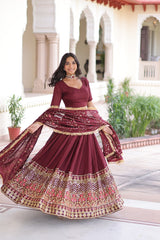 Maroon Elegant Vichitra Silk Sequins & Thread Embroidered Lehenga Set with Designer Lace Dupatta – Stitched 3-Meter Flair Lehenga & Unstitched Blouse