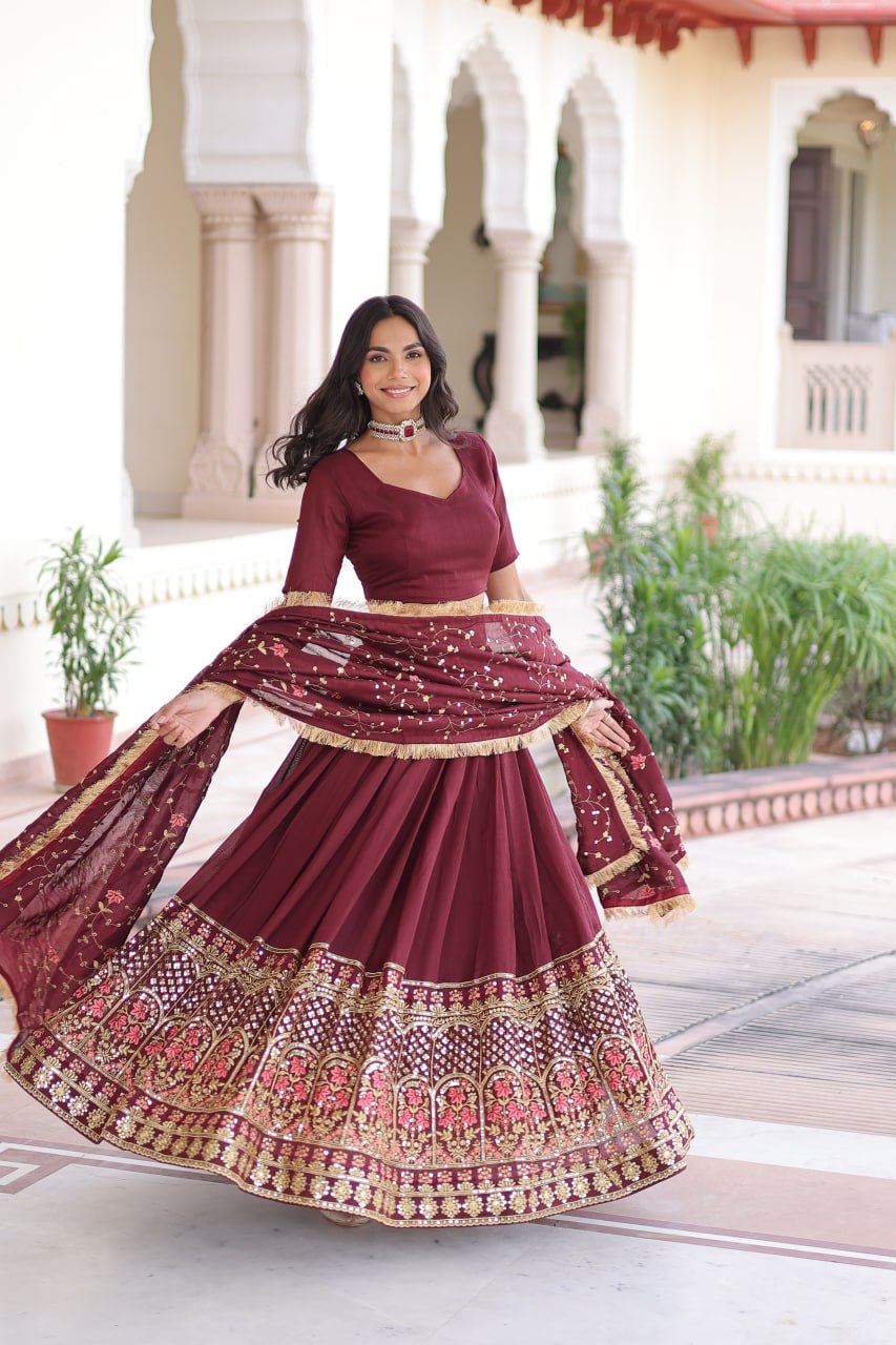 Maroon Elegant Vichitra Silk Sequins & Thread Embroidered Lehenga Set with Designer Lace Dupatta – Stitched 3-Meter Flair Lehenga & Unstitched Blouse