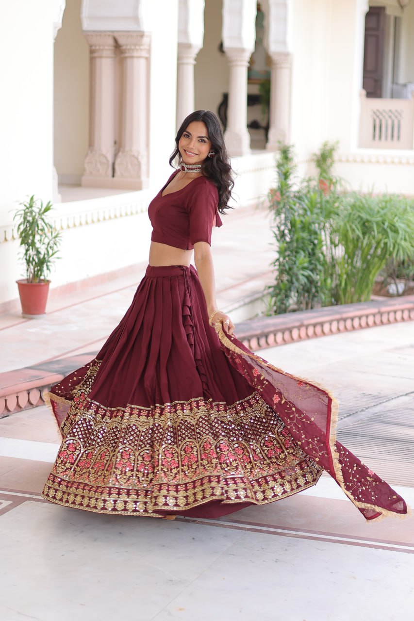 Maroon Elegant Vichitra Silk Sequins & Thread Embroidered Lehenga Set with Designer Lace Dupatta – Stitched 3-Meter Flair Lehenga & Unstitched Blouse