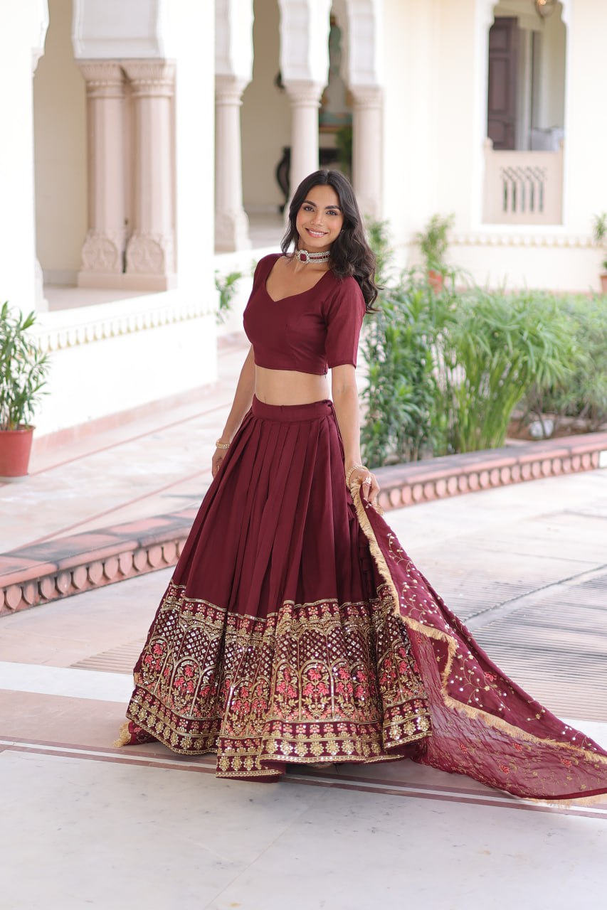 Maroon Elegant Vichitra Silk Sequins & Thread Embroidered Lehenga Set with Designer Lace Dupatta – Stitched 3-Meter Flair Lehenga & Unstitched Blouse