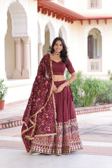 Maroon Elegant Vichitra Silk Sequins & Thread Embroidered Lehenga Set with Designer Lace Dupatta – Stitched 3-Meter Flair Lehenga & Unstitched Blouse