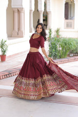 Maroon Elegant Vichitra Silk Sequins & Thread Embroidered Lehenga Set with Designer Lace Dupatta – Stitched 3-Meter Flair Lehenga & Unstitched Blouse