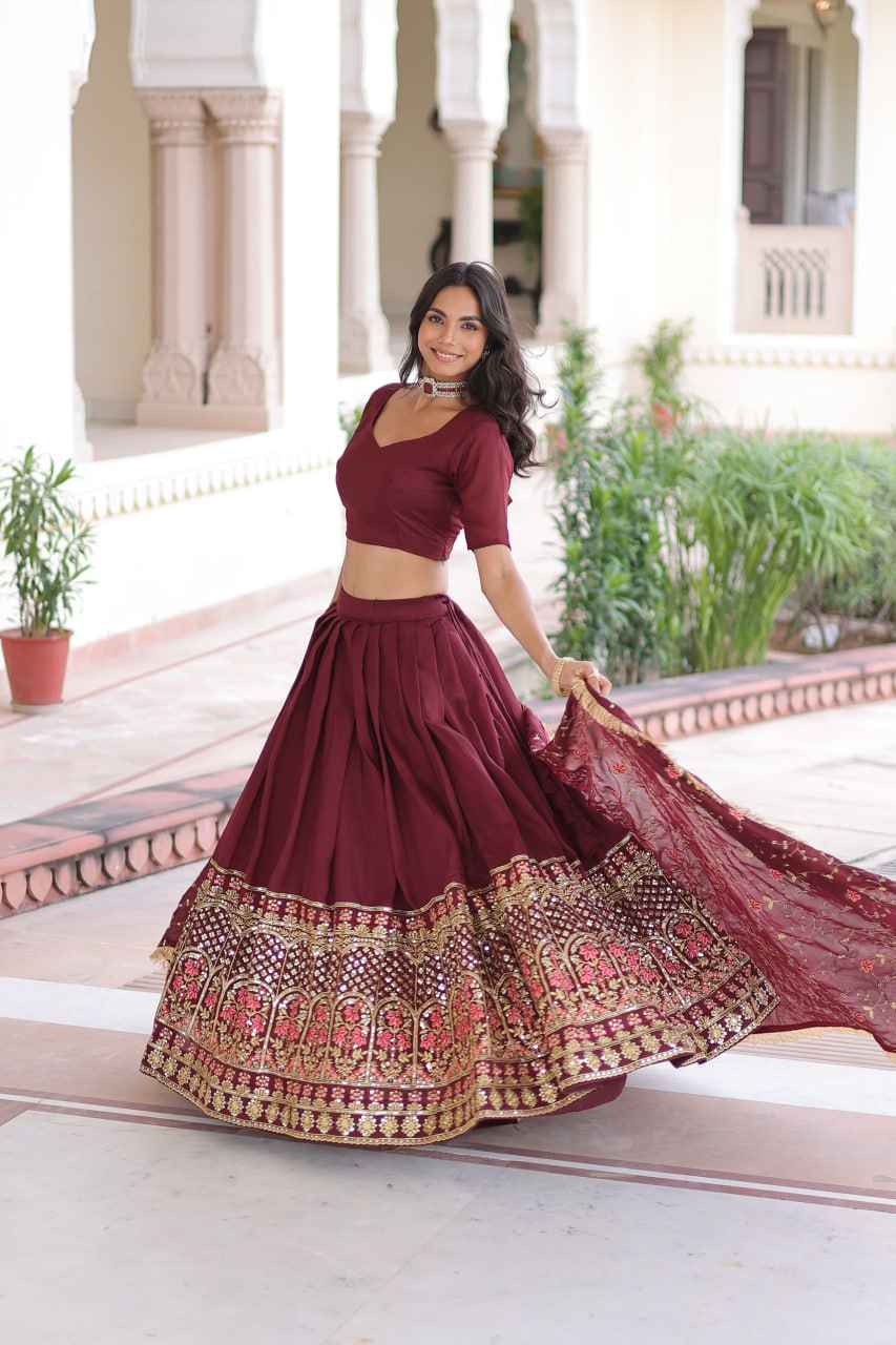 Maroon Elegant Vichitra Silk Sequins & Thread Embroidered Lehenga Set with Designer Lace Dupatta – Stitched 3-Meter Flair Lehenga & Unstitched Blouse