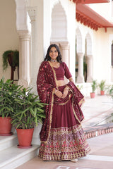 Maroon Elegant Vichitra Silk Sequins & Thread Embroidered Lehenga Set with Designer Lace Dupatta – Stitched 3-Meter Flair Lehenga & Unstitched Blouse
