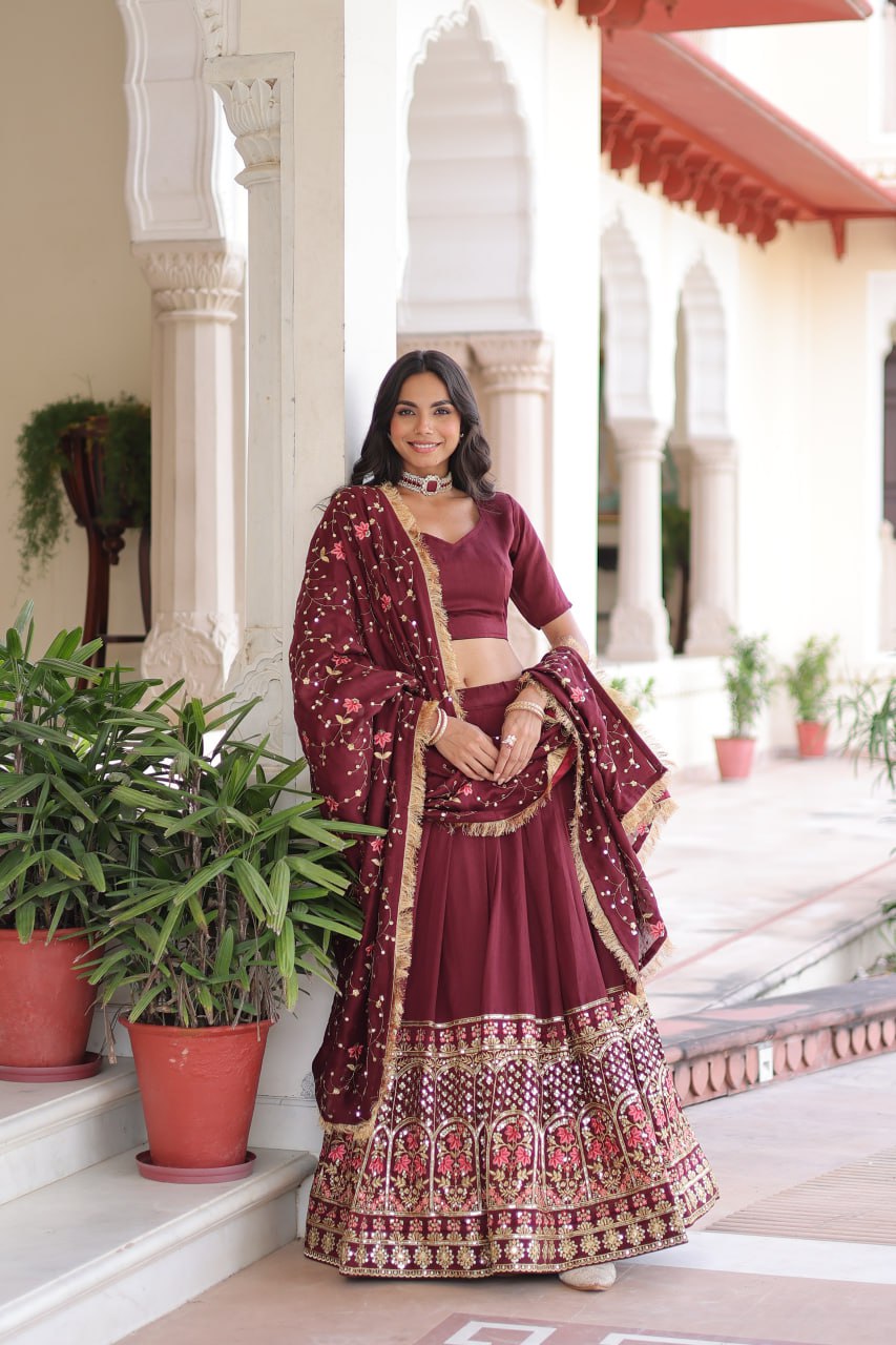 Maroon Elegant Vichitra Silk Sequins & Thread Embroidered Lehenga Set with Designer Lace Dupatta – Stitched 3-Meter Flair Lehenga & Unstitched Blouse