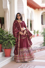 Maroon Elegant Vichitra Silk Sequins & Thread Embroidered Lehenga Set with Designer Lace Dupatta – Stitched 3-Meter Flair Lehenga & Unstitched Blouse