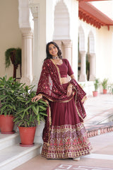 Maroon Elegant Vichitra Silk Sequins & Thread Embroidered Lehenga Set with Designer Lace Dupatta – Stitched 3-Meter Flair Lehenga & Unstitched Blouse