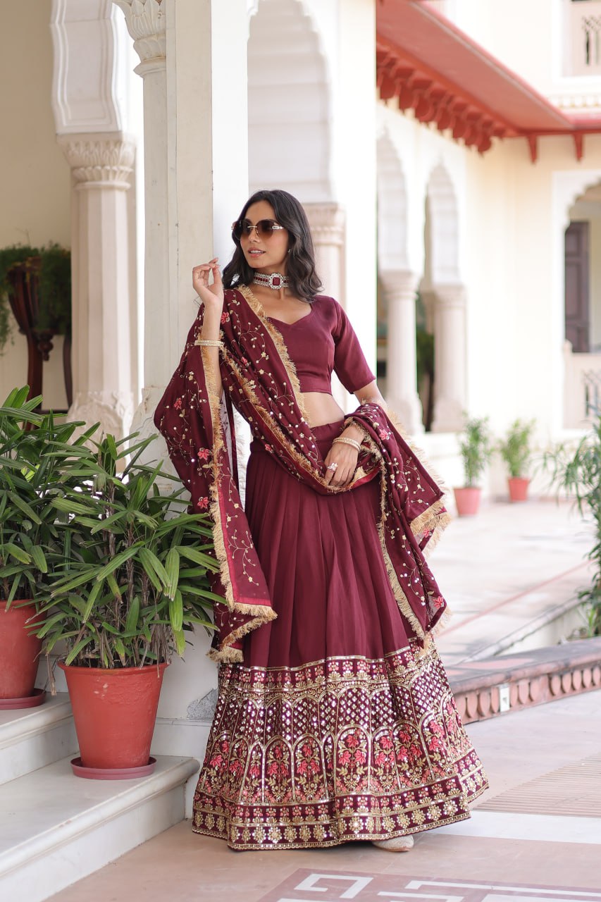 Maroon Elegant Vichitra Silk Sequins & Thread Embroidered Lehenga Set with Designer Lace Dupatta – Stitched 3-Meter Flair Lehenga & Unstitched Blouse