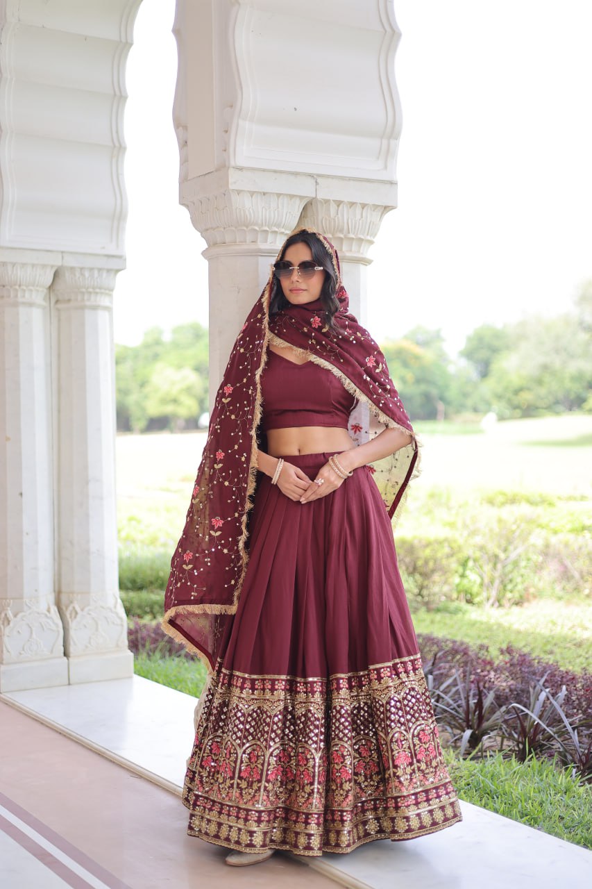 Maroon Elegant Vichitra Silk Sequins & Thread Embroidered Lehenga Set with Designer Lace Dupatta – Stitched 3-Meter Flair Lehenga & Unstitched Blouse