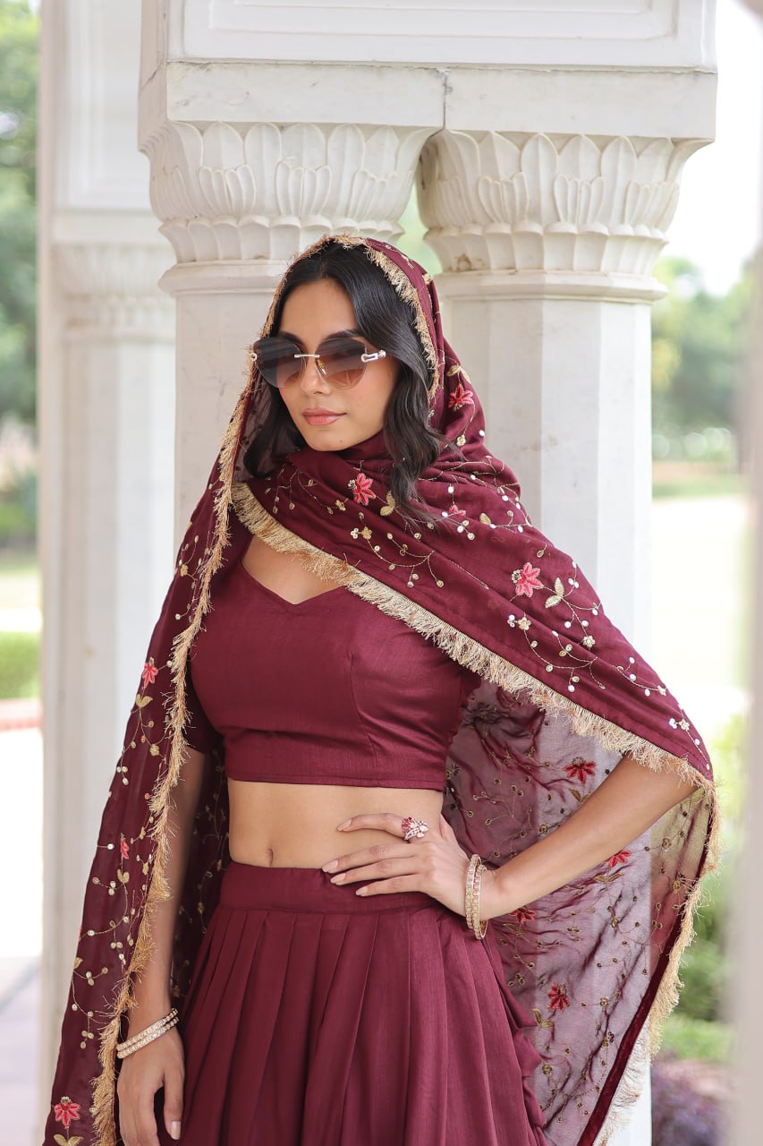 Maroon Elegant Vichitra Silk Sequins & Thread Embroidered Lehenga Set with Designer Lace Dupatta – Stitched 3-Meter Flair Lehenga & Unstitched Blouse