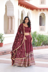 Maroon Elegant Vichitra Silk Sequins & Thread Embroidered Lehenga Set with Designer Lace Dupatta – Stitched 3-Meter Flair Lehenga & Unstitched Blouse