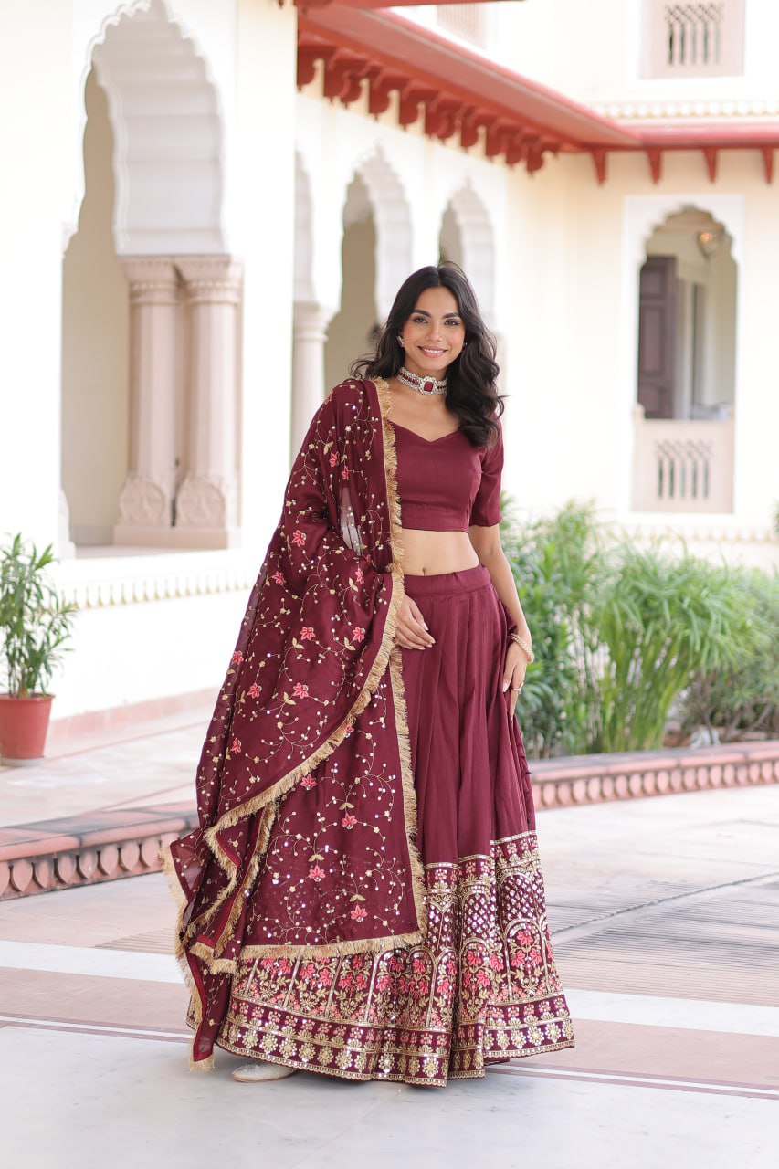 Maroon Elegant Vichitra Silk Sequins & Thread Embroidered Lehenga Set with Designer Lace Dupatta – Stitched 3-Meter Flair Lehenga & Unstitched Blouse