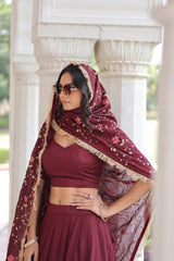 Maroon Elegant Vichitra Silk Sequins & Thread Embroidered Lehenga Set with Designer Lace Dupatta – Stitched 3-Meter Flair Lehenga & Unstitched Blouse