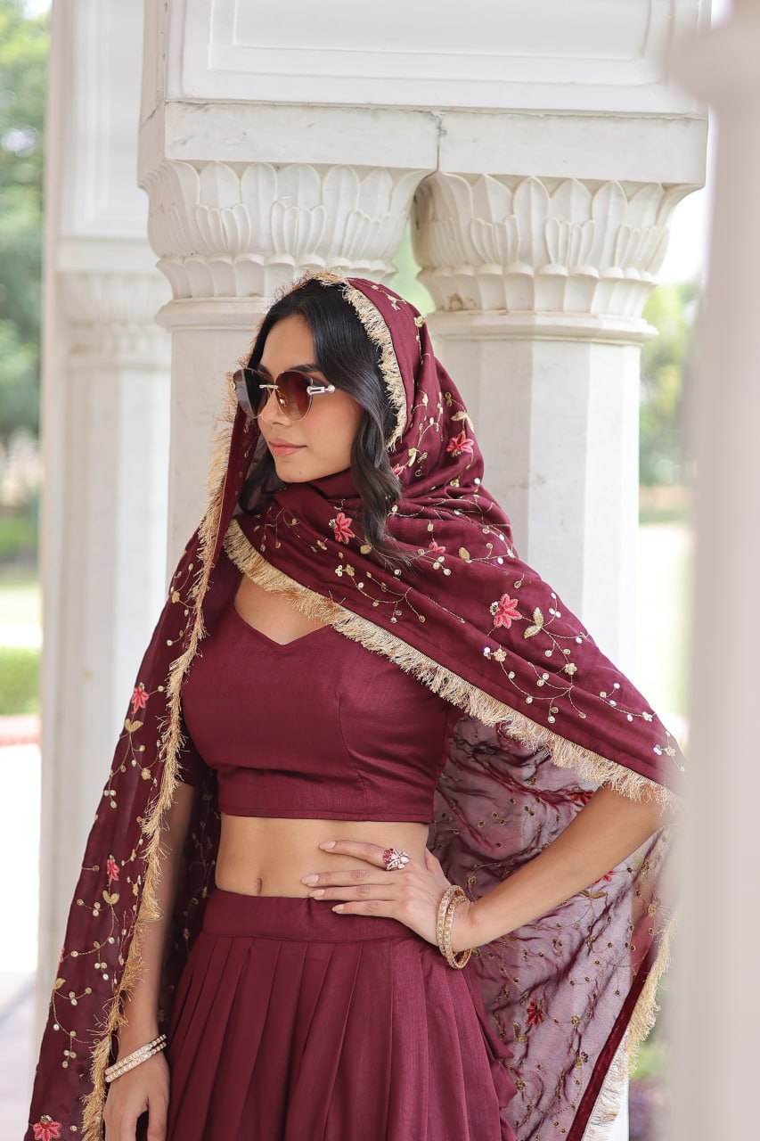 Maroon Elegant Vichitra Silk Sequins & Thread Embroidered Lehenga Set with Designer Lace Dupatta – Stitched 3-Meter Flair Lehenga & Unstitched Blouse