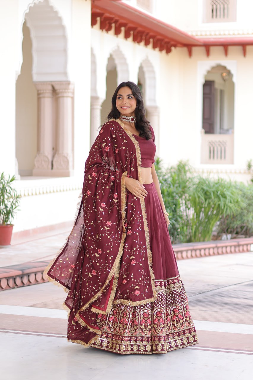 Maroon Elegant Vichitra Silk Sequins & Thread Embroidered Lehenga Set with Designer Lace Dupatta – Stitched 3-Meter Flair Lehenga & Unstitched Blouse