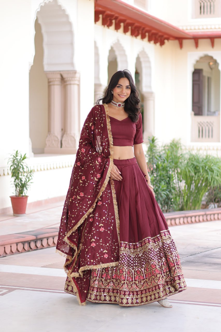 Maroon Elegant Vichitra Silk Sequins & Thread Embroidered Lehenga Set with Designer Lace Dupatta – Stitched 3-Meter Flair Lehenga & Unstitched Blouse
