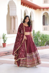 Maroon Elegant Vichitra Silk Sequins & Thread Embroidered Lehenga Set with Designer Lace Dupatta – Stitched 3-Meter Flair Lehenga & Unstitched Blouse