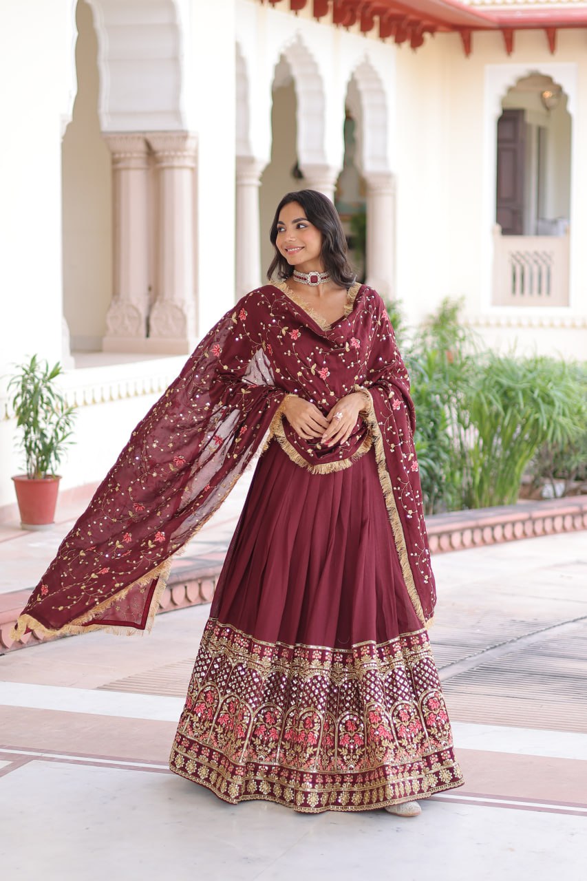 Maroon Elegant Vichitra Silk Sequins & Thread Embroidered Lehenga Set with Designer Lace Dupatta – Stitched 3-Meter Flair Lehenga & Unstitched Blouse