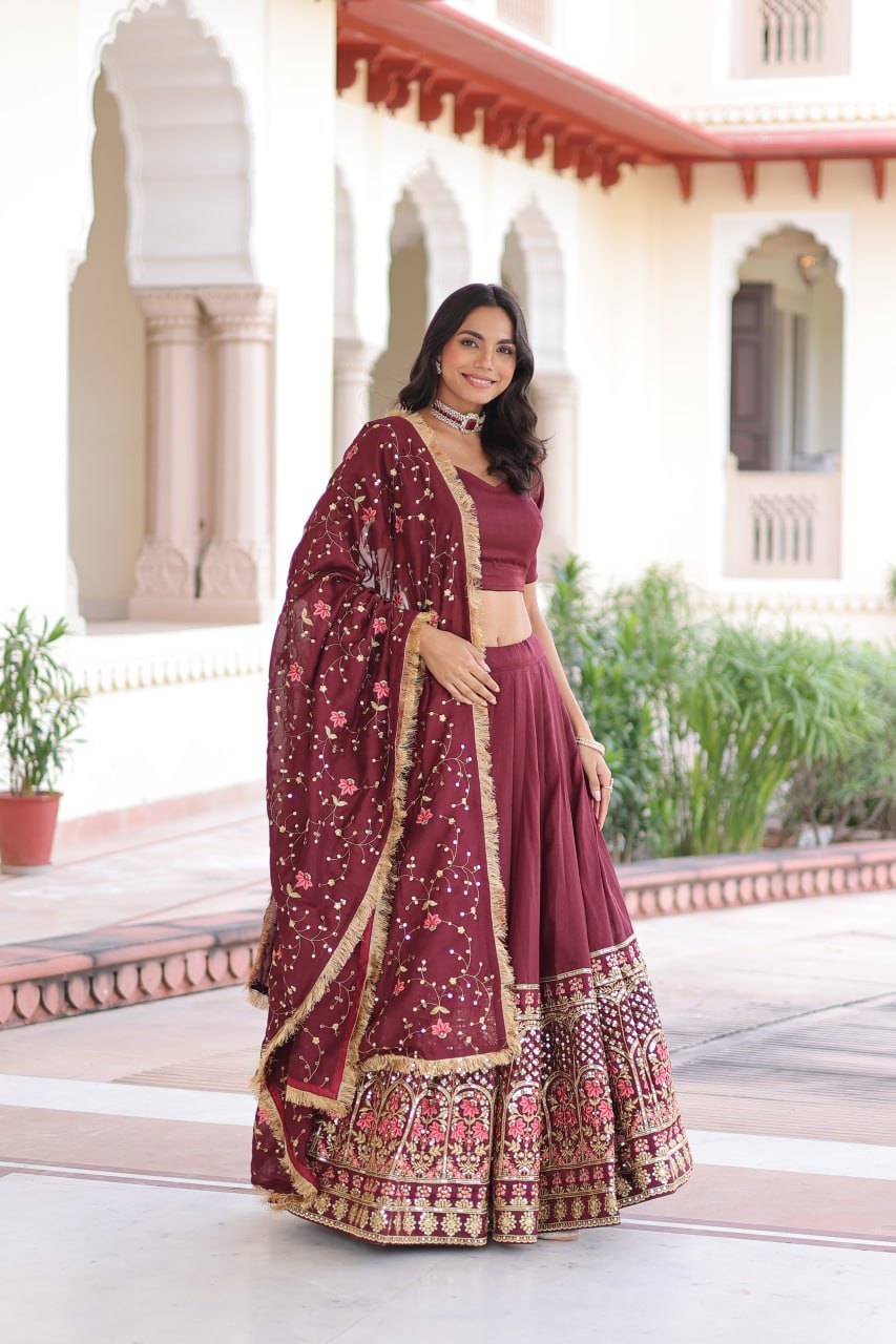 Maroon Elegant Vichitra Silk Sequins & Thread Embroidered Lehenga Set with Designer Lace Dupatta – Stitched 3-Meter Flair Lehenga & Unstitched Blouse