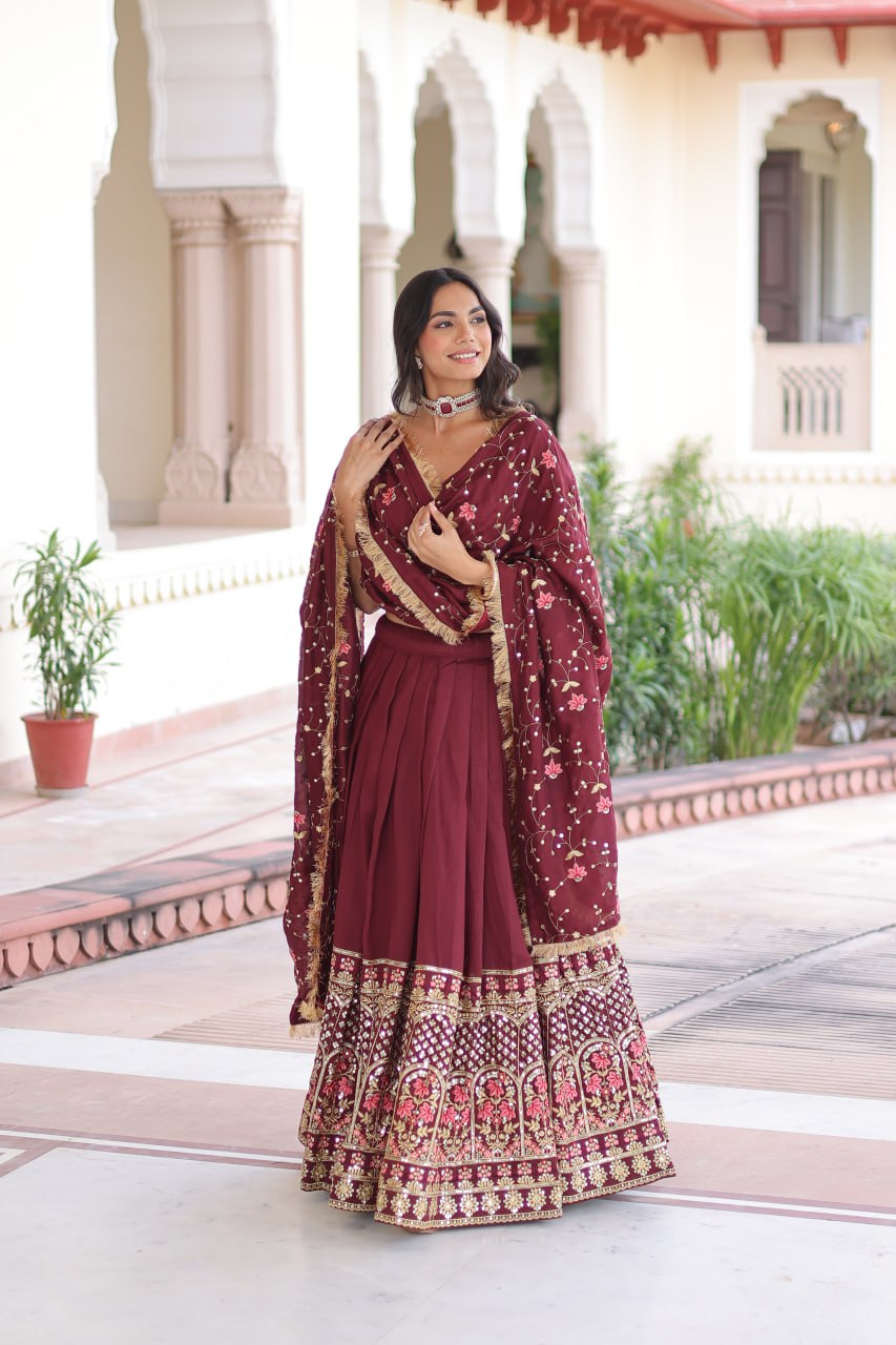 Maroon Elegant Vichitra Silk Sequins & Thread Embroidered Lehenga Set with Designer Lace Dupatta – Stitched 3-Meter Flair Lehenga & Unstitched Blouse