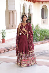 Maroon Elegant Vichitra Silk Sequins & Thread Embroidered Lehenga Set with Designer Lace Dupatta – Stitched 3-Meter Flair Lehenga & Unstitched Blouse