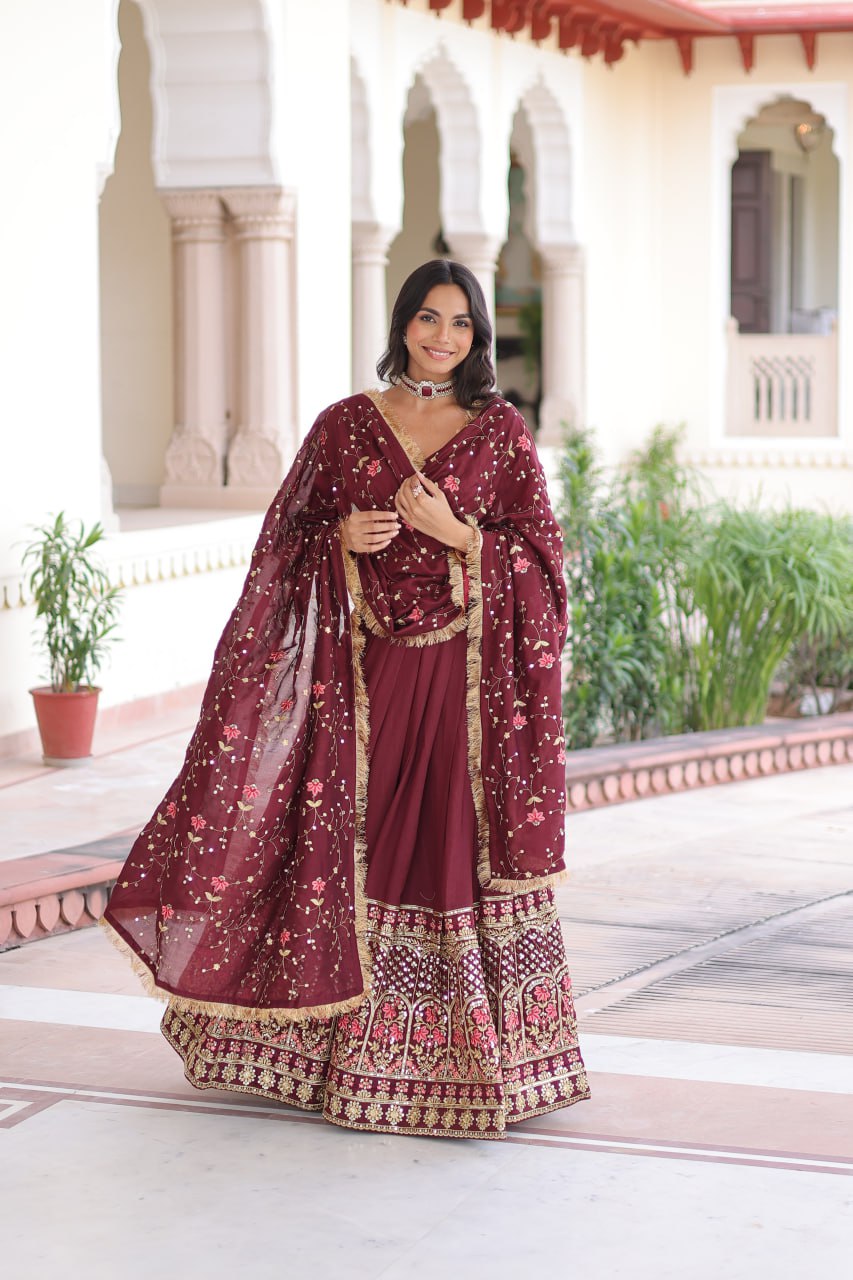 Maroon Elegant Vichitra Silk Sequins & Thread Embroidered Lehenga Set with Designer Lace Dupatta – Stitched 3-Meter Flair Lehenga & Unstitched Blouse