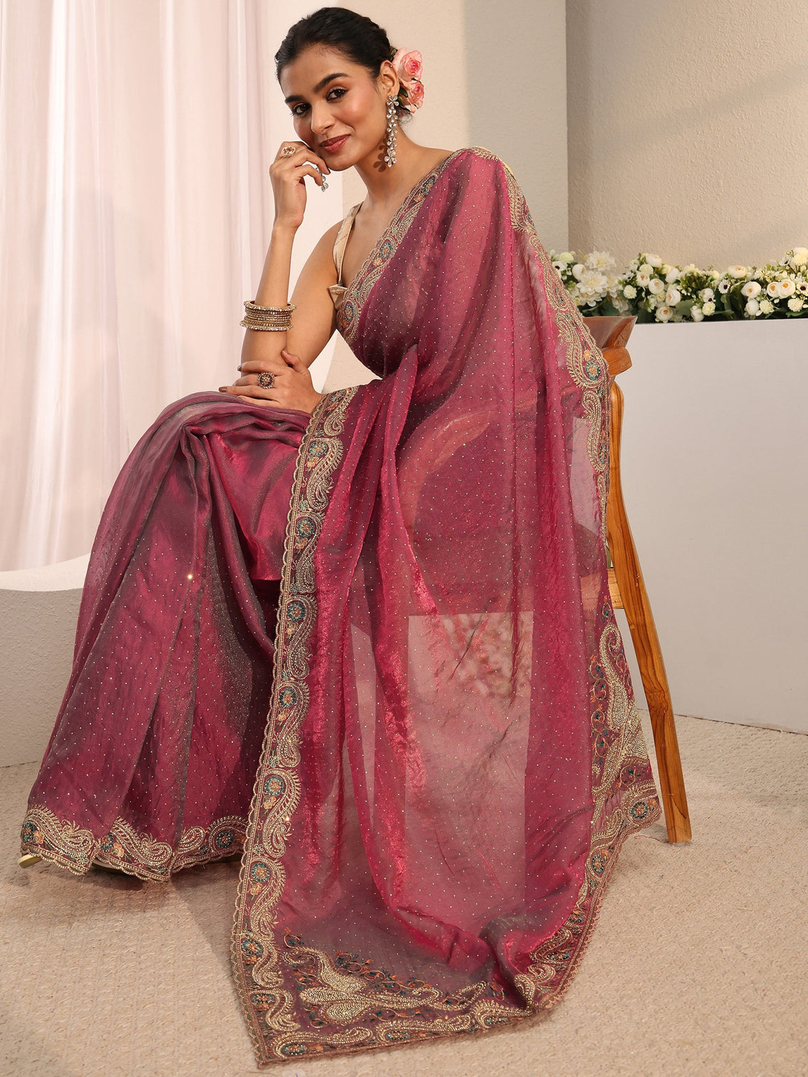 Mameraa Maroon Embellished Tissue Saree With Unstitched Blouse Piece