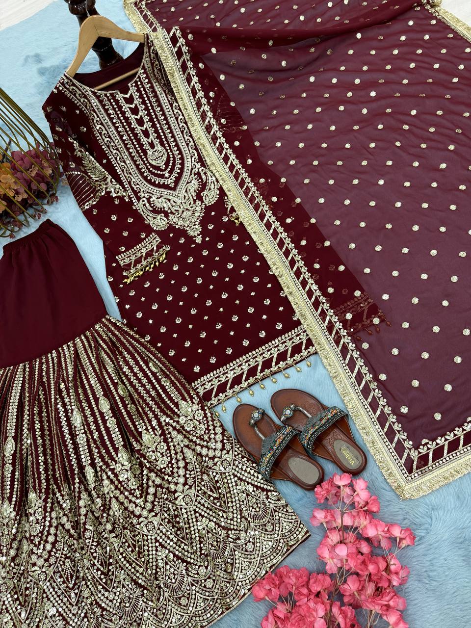 Maroon Embroidered Faux Georgette Plazzo Set with Sequins Work & Lace Dupatta