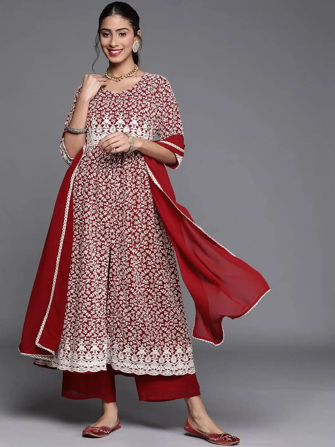 Mameraa Maroon Embroidered Georgette Anarkali Kurta With Palazzos & Dupatta
