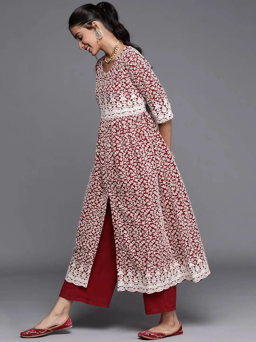 Mameraa Maroon Embroidered Georgette Anarkali Kurta With Palazzos & Dupatta