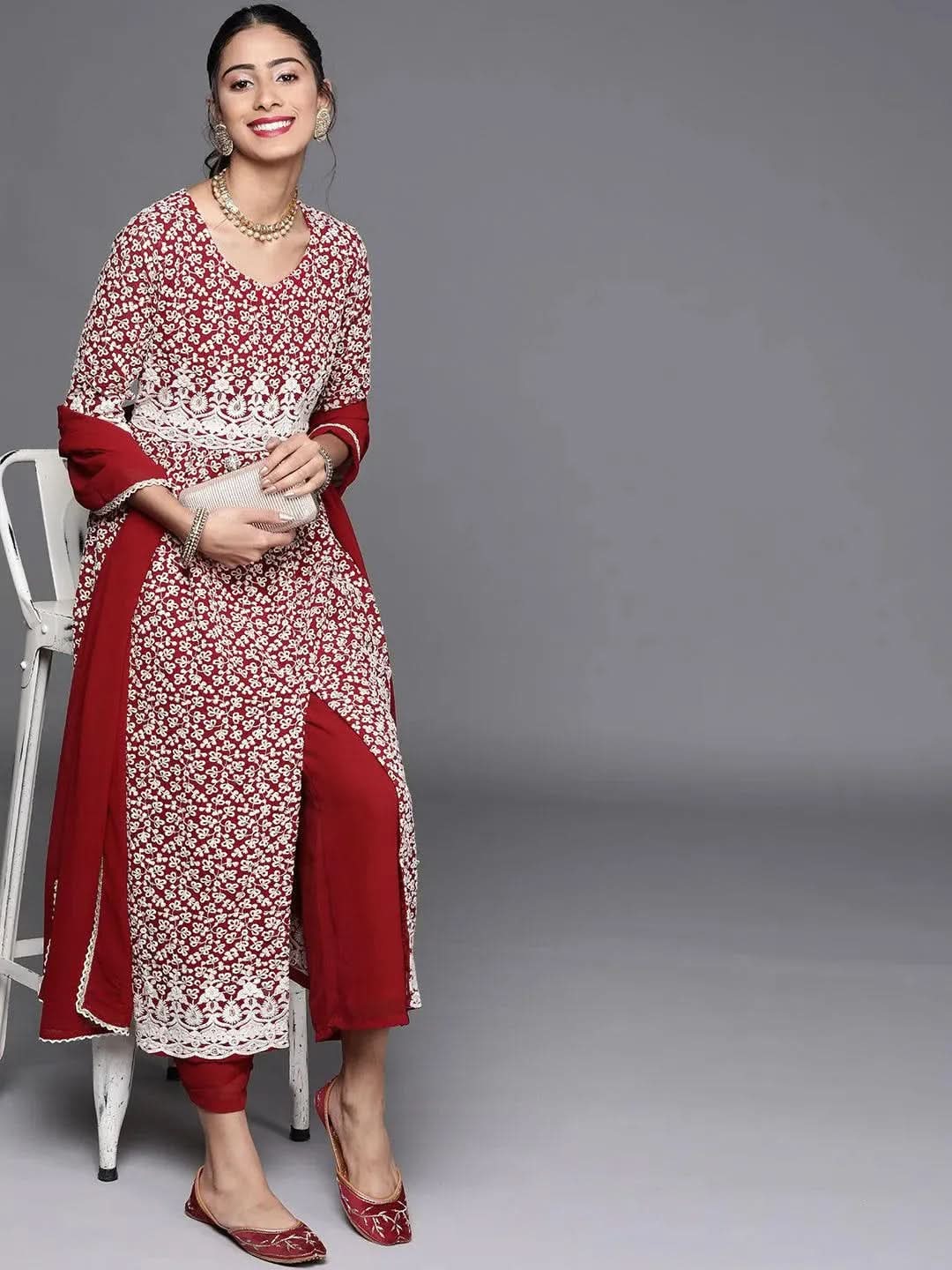 Mameraa Maroon Embroidered Georgette Anarkali Kurta With Palazzos & Dupatta