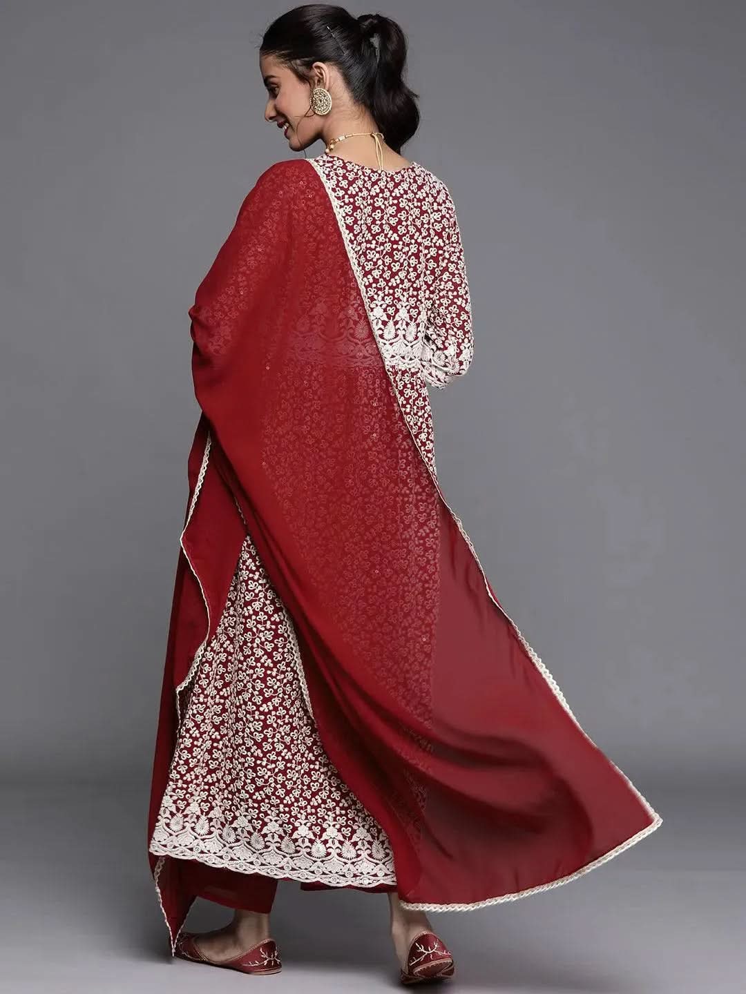 Mameraa Maroon Embroidered Georgette Anarkali Kurta With Palazzos & Dupatta