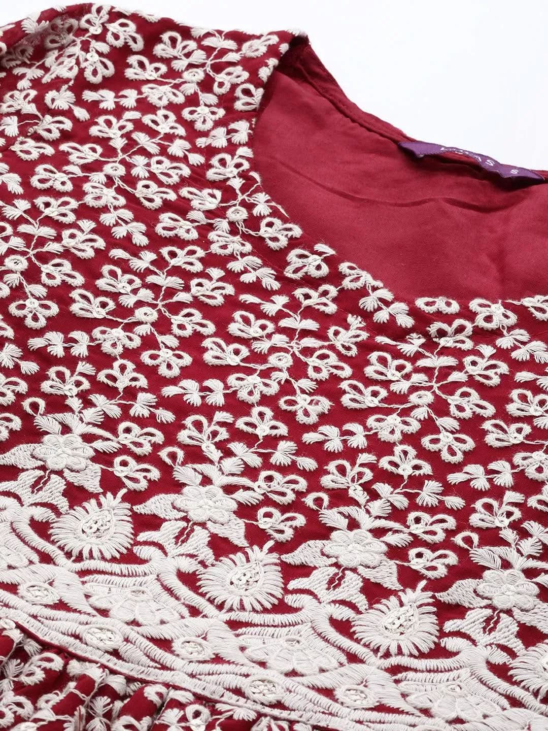 Mameraa Maroon Embroidered Georgette Anarkali Kurta With Palazzos & Dupatta