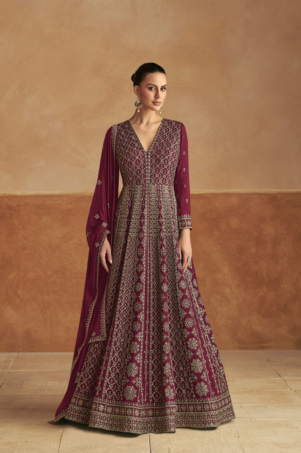 Maroon Embroidered Gown with Dupatta