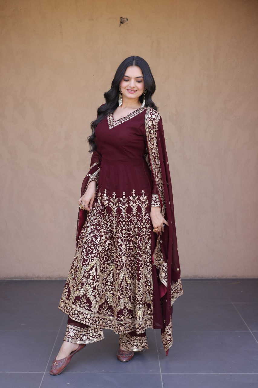 Maroon Embroidered Multi-Sequin Gown