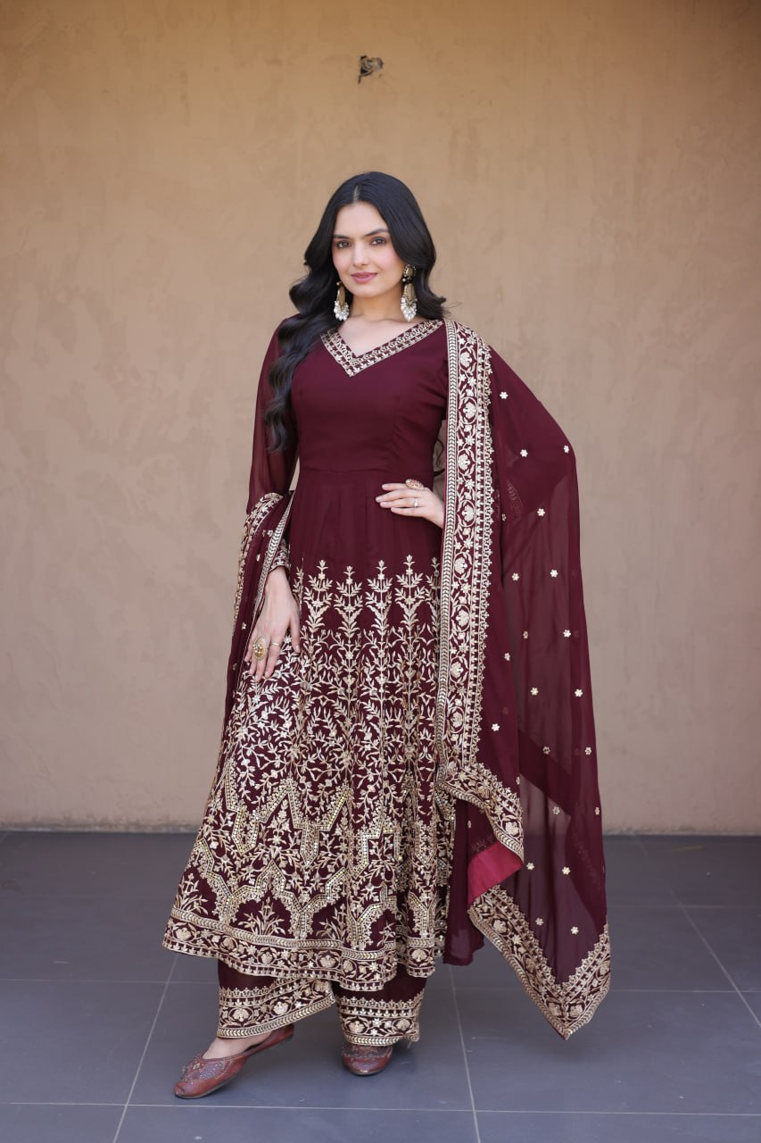 Maroon Embroidered Multi-Sequin Gown