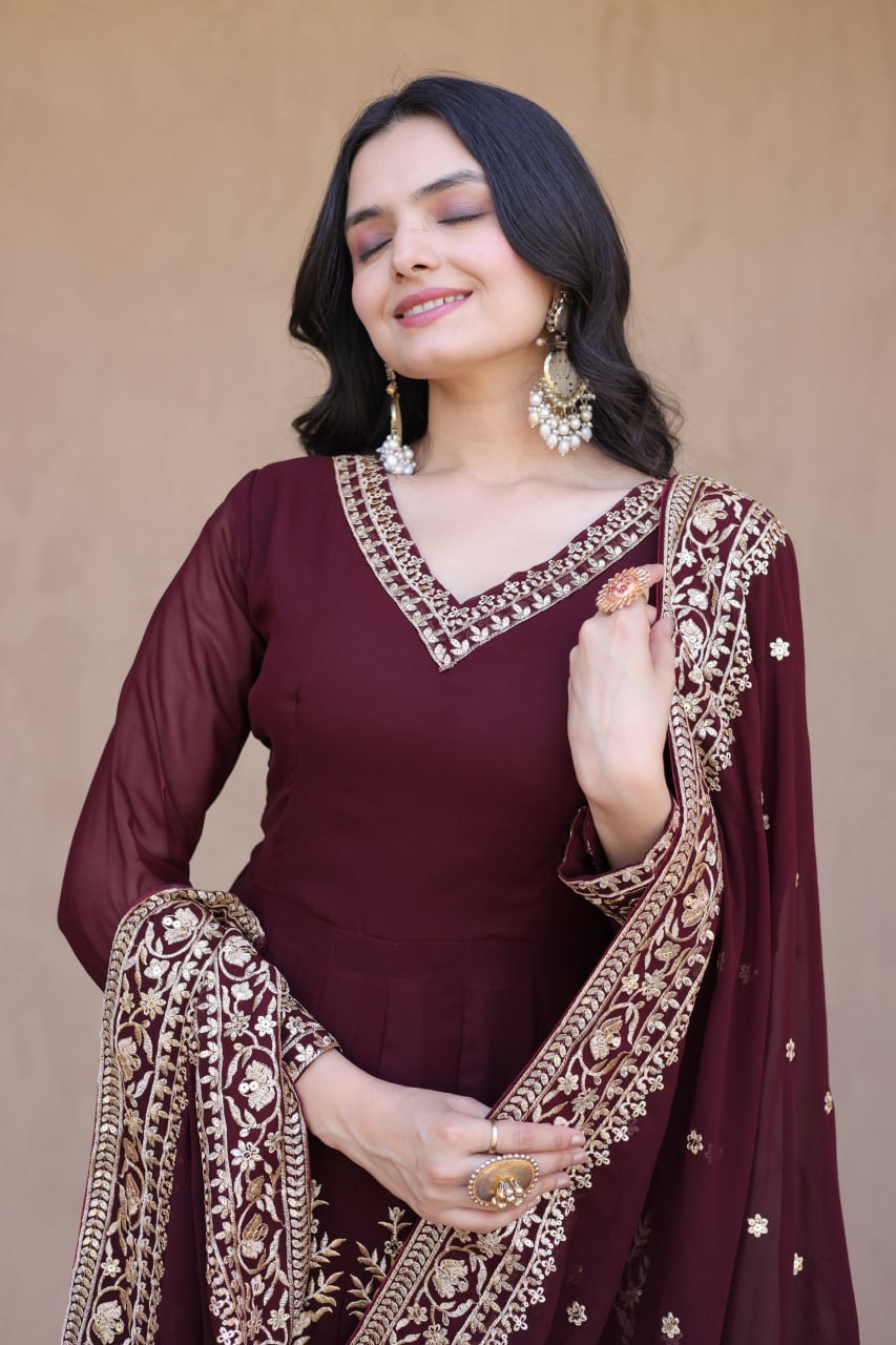 Maroon Embroidered Multi-Sequin Gown