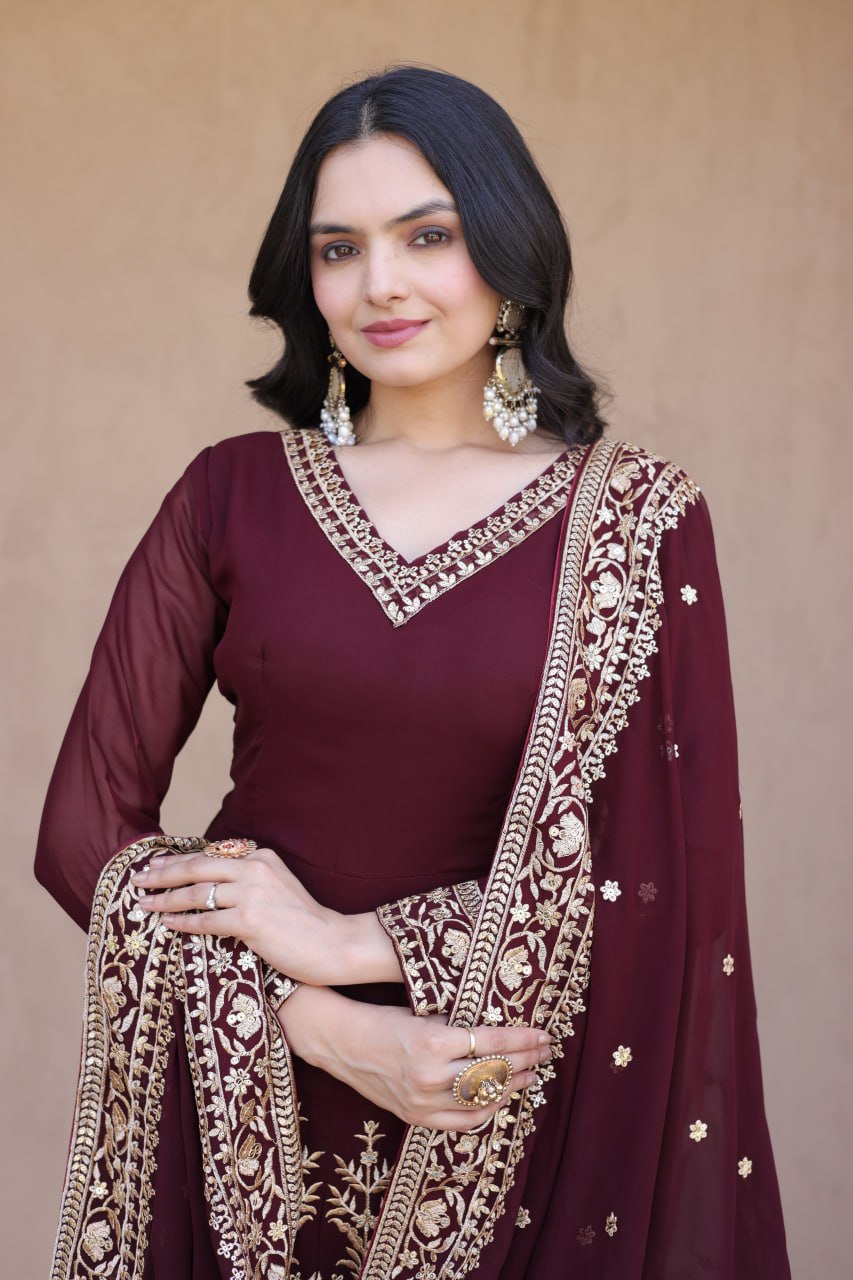 Maroon Embroidered Multi-Sequin Gown