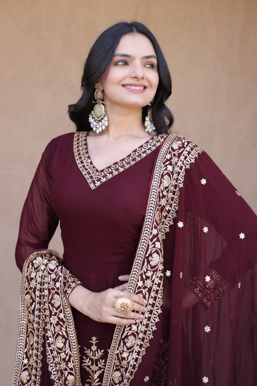 Maroon Embroidered Multi-Sequin Gown