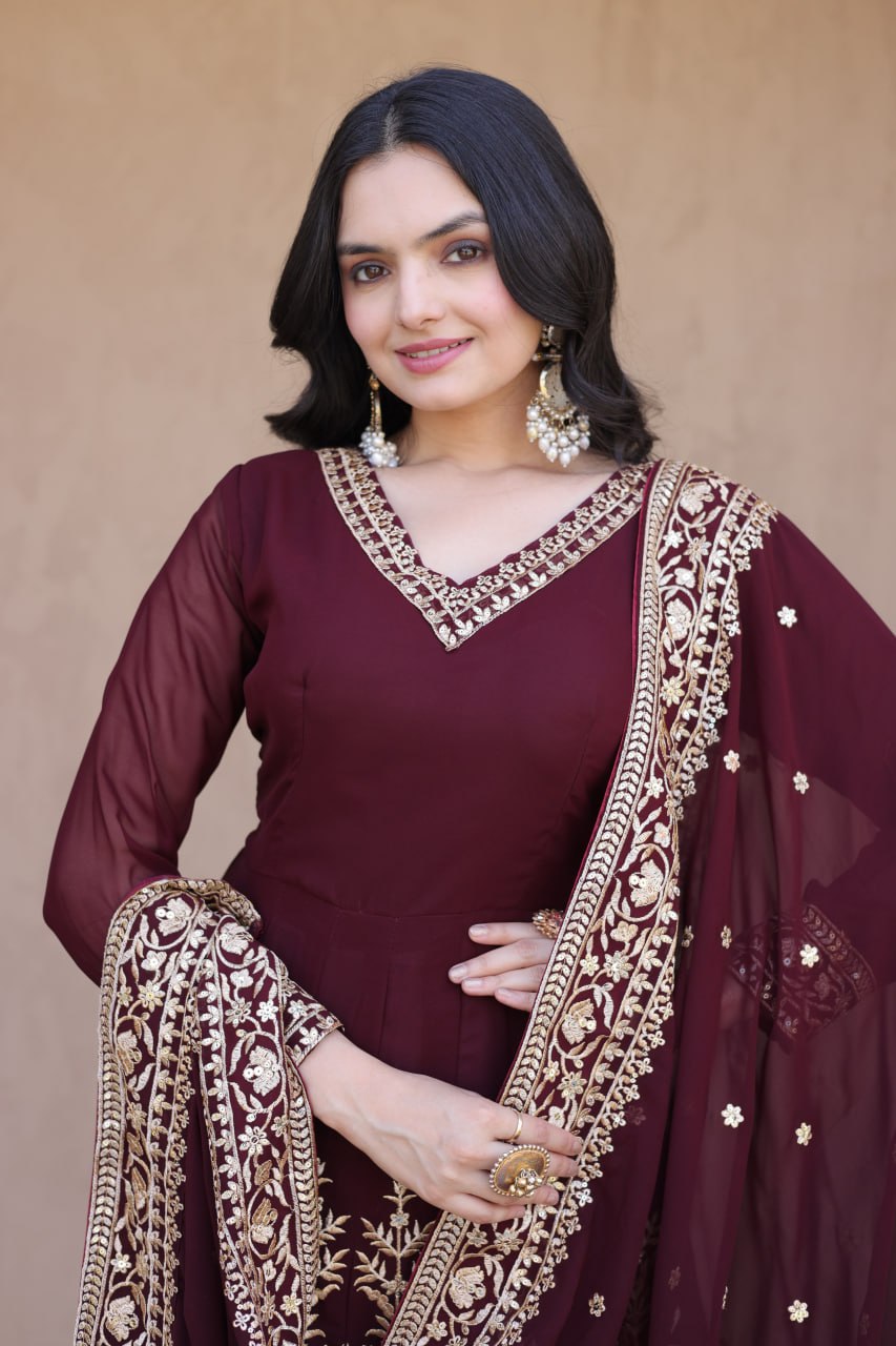 Maroon Embroidered Multi-Sequin Gown