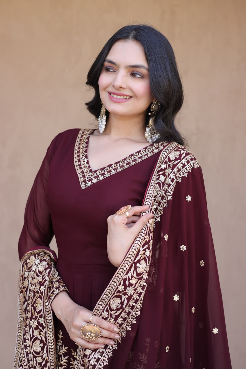 Maroon Embroidered Multi-Sequin Gown