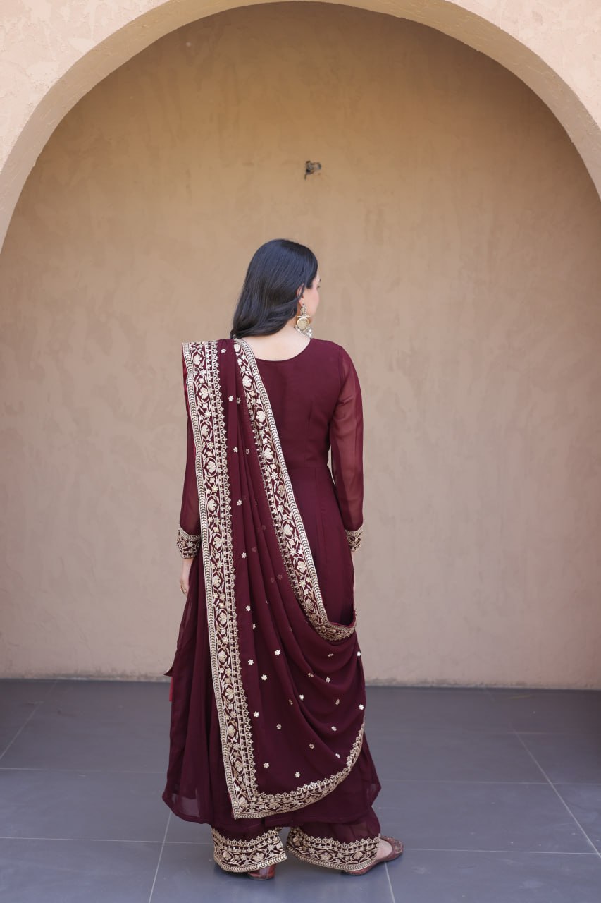 Maroon Embroidered Multi-Sequin Gown