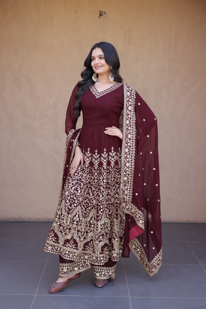 Maroon Embroidered Multi-Sequin Gown