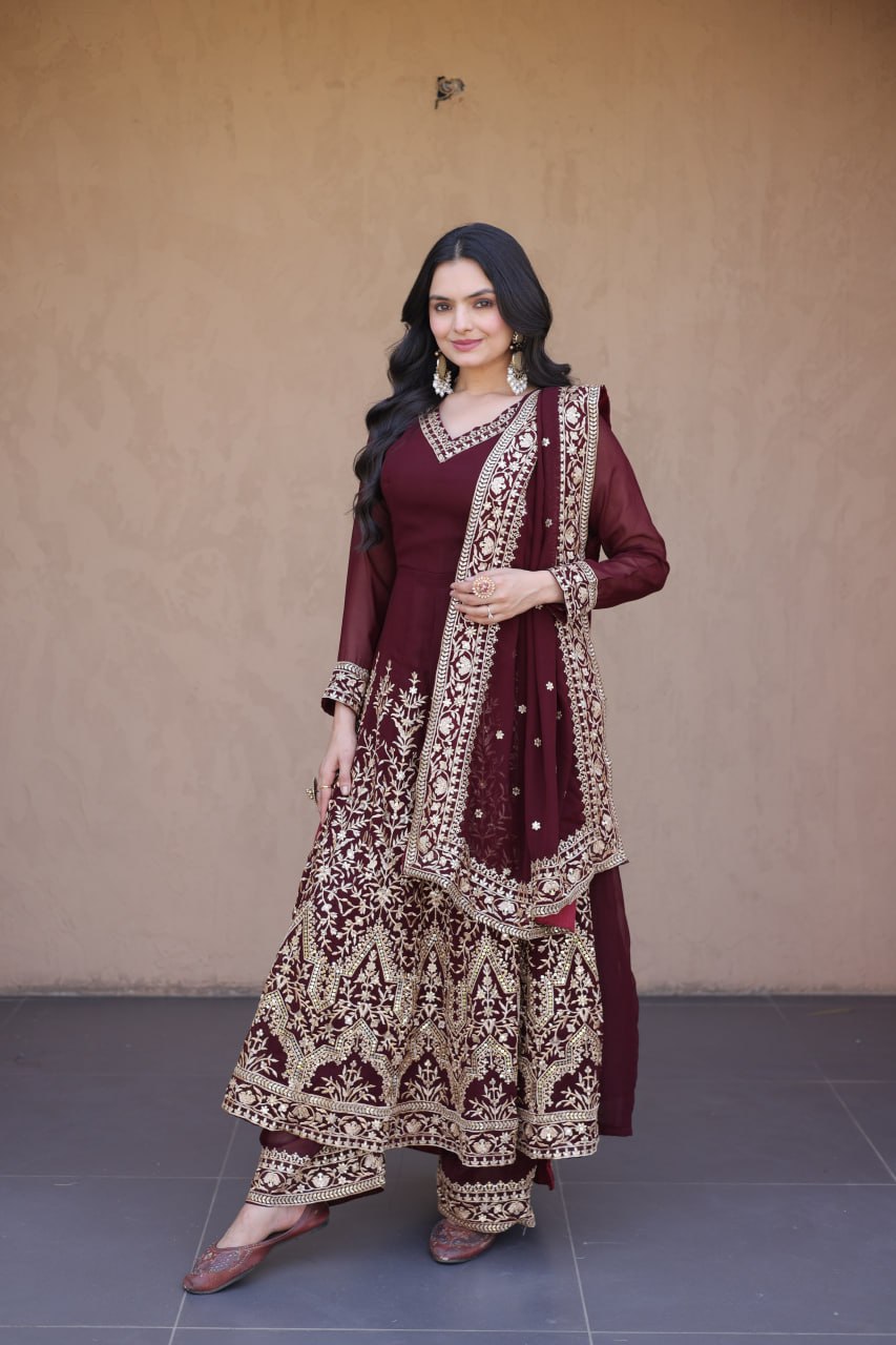 Maroon Embroidered Multi-Sequin Gown