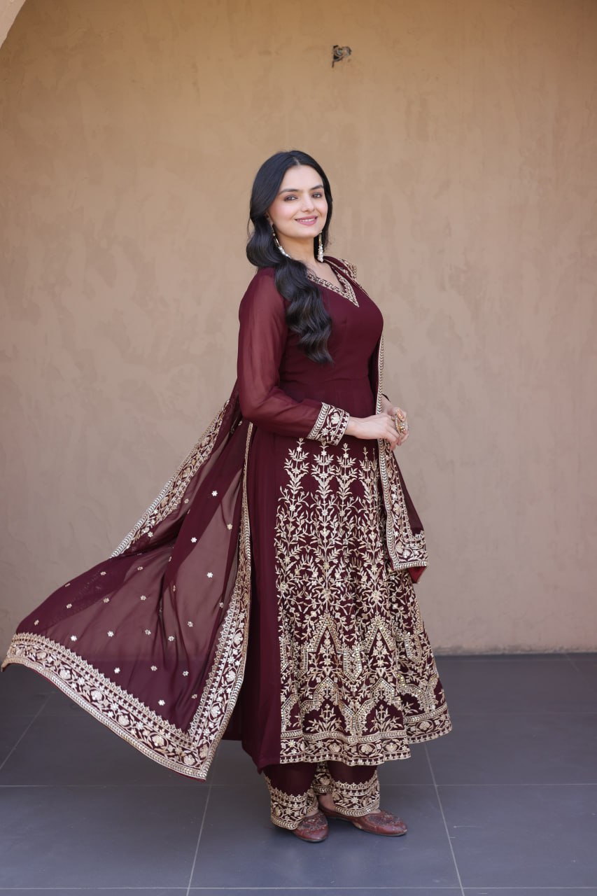 Maroon Embroidered Multi-Sequin Gown
